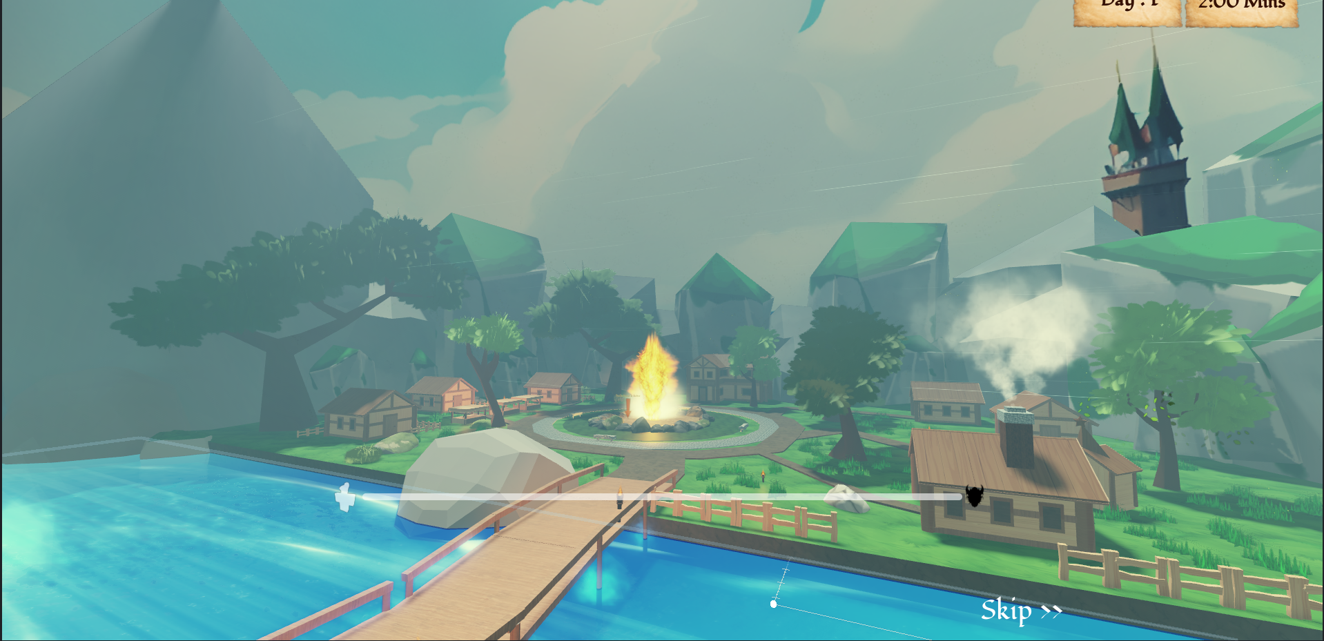 Stylized village next to a river