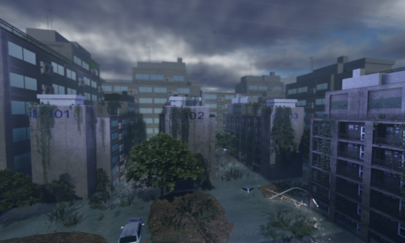 Flooded city street under stormy skies