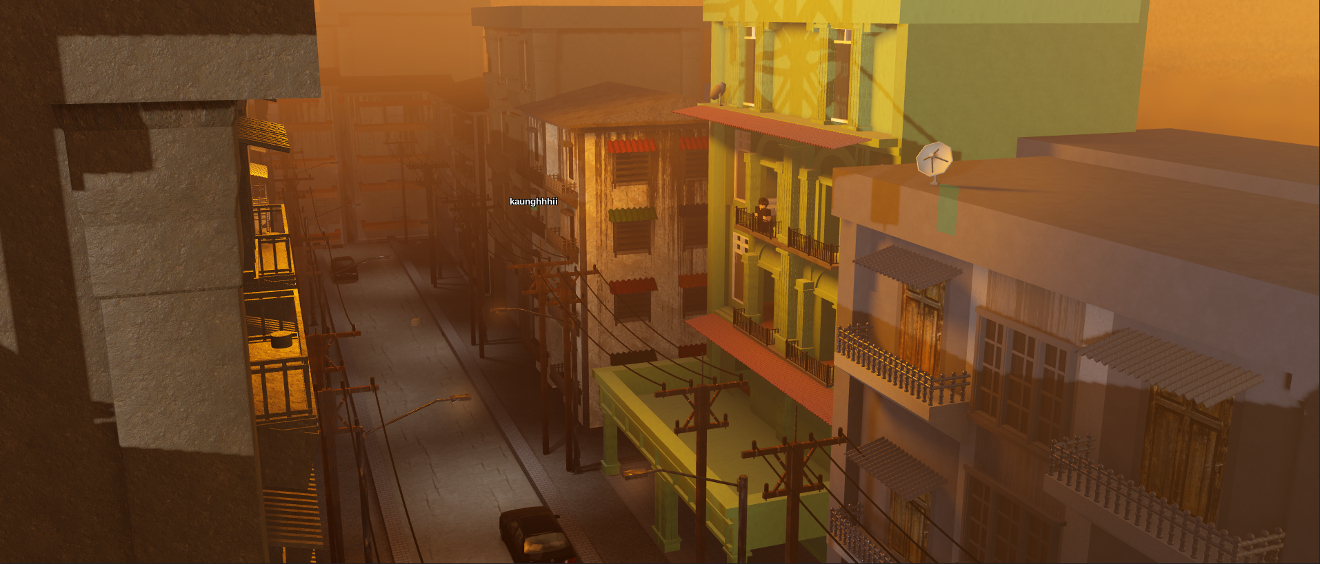 Dense urban street canyon during sunset