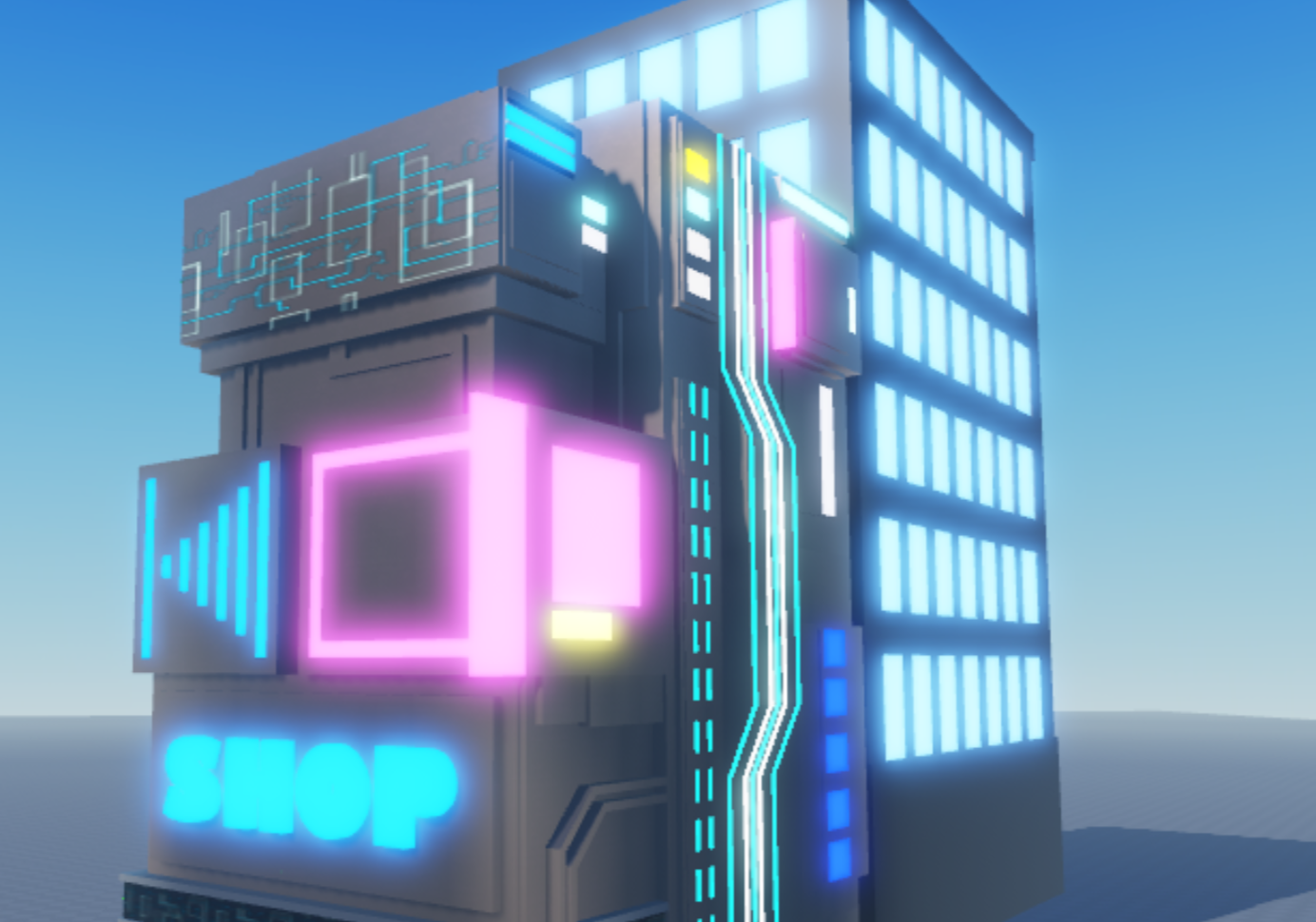 Futuristic shop building with glowing signs