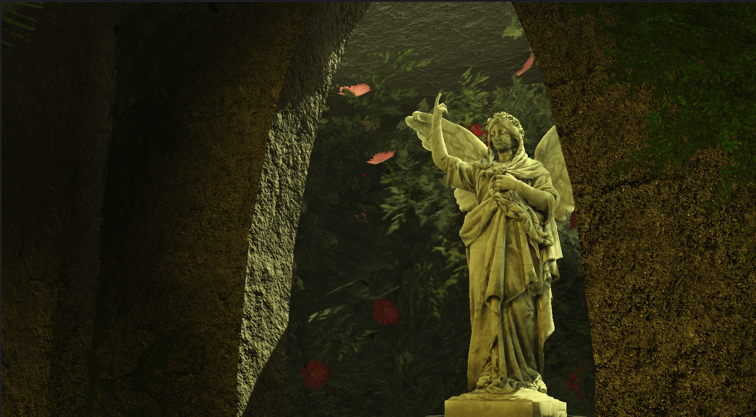 Ancient statue in a cave overgrown with flora