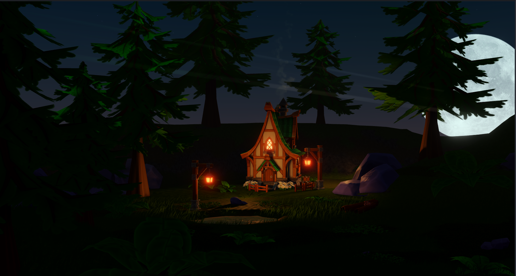 Cozy fantasy cabin in a forest at night